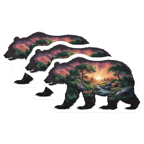 (3 Pack) Bear Silhouette Decals - Forest Sunset Scene - Laptop Decal Stickers- 3 Inches On Longest Side - Easy Peel & Apply - Made in USA - 3MCS5932