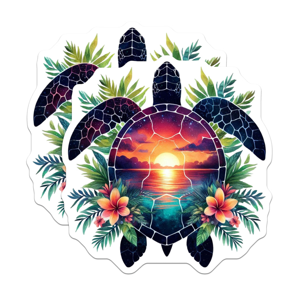 (2 Pack) Sea Turtle Magnets - Sunset Ocean Art - Tropical Floral Design Decor - 5 Inches On Longest Side - Thick Durable Magnet - Made in USA - MAG22944