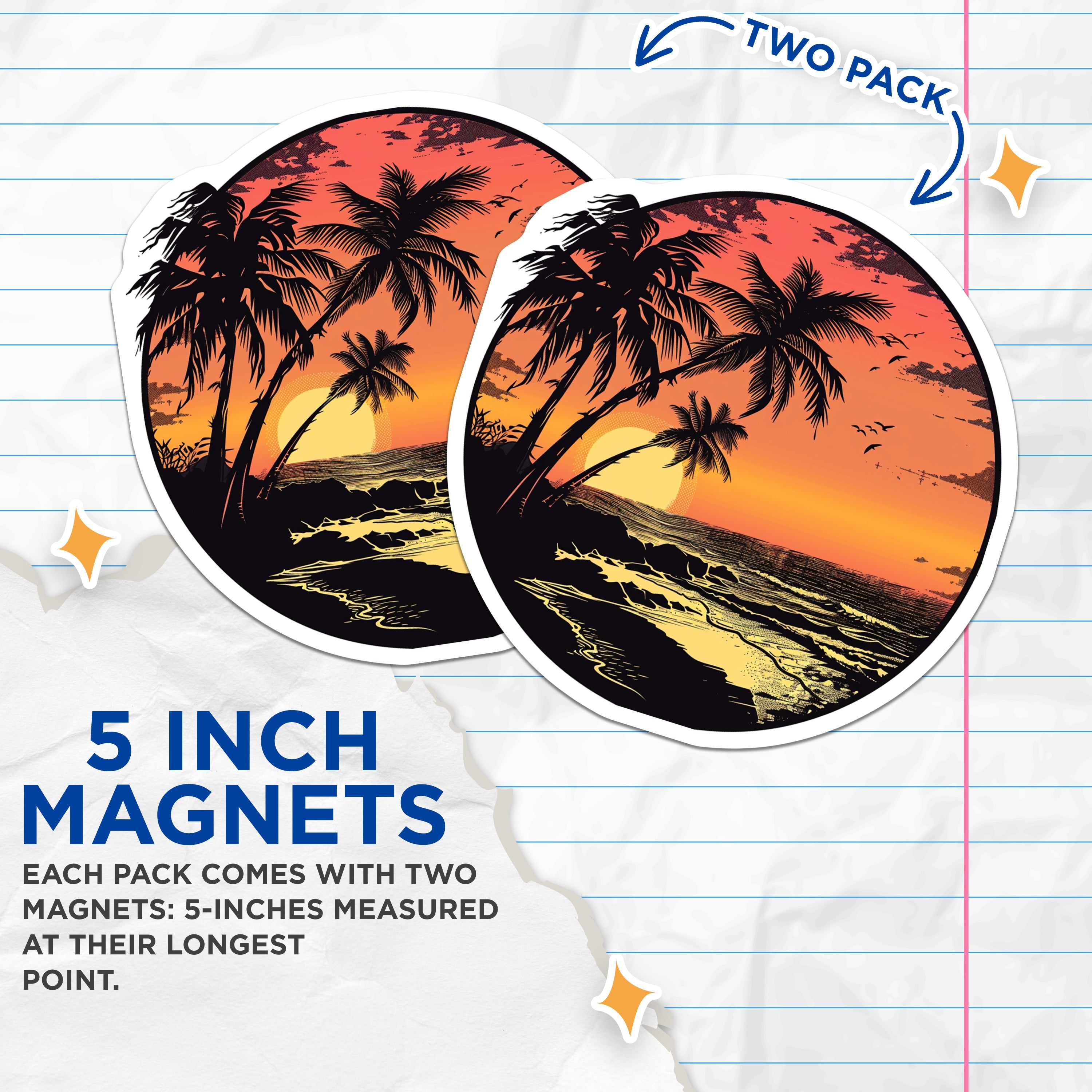 (2 Pack) Tropical Sunset Magnets - Palm Tree Beach Scene - Coastal Refrigerator Decor - Island Life Kitchen Accent - 5 Inches On Longest Side - Thick Durable Magnet - Made in USA - MAG36759