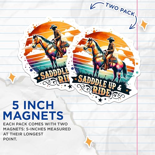 (2 Pack) Saddle Up and Ride Magnets - Cowboy Magnets - Western Decor - Rustic Fridge Magnets - Horse Lover Magnets - 5" On Longest Side - for Cars, Fridges, Toolboxes - Made in USA - MAG6898