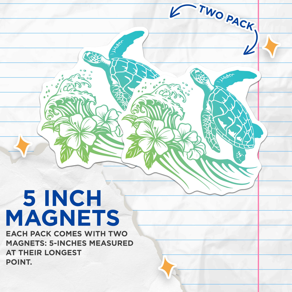 (2 Pack) Sea Turtle Magnets - Hawaiian Ocean Decor - Coastal Hibiscus Flower - Beach Vibe Fridge Accessory - 5 Inches On Longest Side - Thick Durable Magnet - Made in USA - MAG36165
