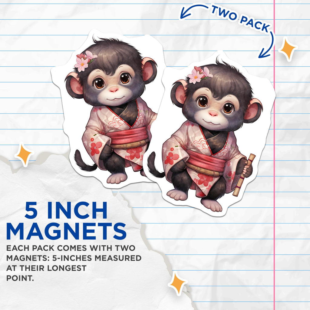 (2 Pack) Monkey Magnets - Kimono Monkey - Floral Monkey Art - 5" On Longest Side - Premium Magnet - for Cars, Refrigerators, Toolboxes, Lockers - Made in USA - MAG17114