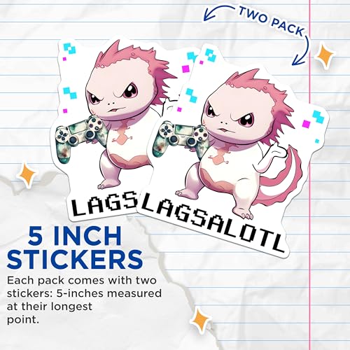 (2 Pack) Cute Gaming Axolotl Stickers - Gamer Axolotl Decal - Kawaii Animal for Laptops and Water Bottles - 5" On Longest Side - Sticks to Smooth Flat Surfaces - Made in USA - BMCS7791