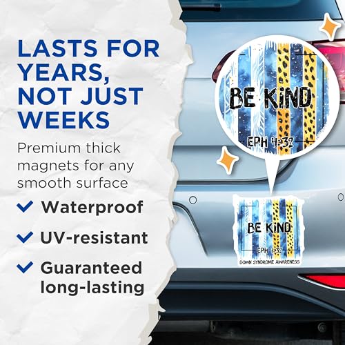 (2 Pack) Be Kind Magnets - Down Syndrome Awareness - Inspirational Quote - Ephesians 4:32 Sign - 5" On Longest Side - for Cars, Fridges, Toolboxes - Made in USA - MAG8208