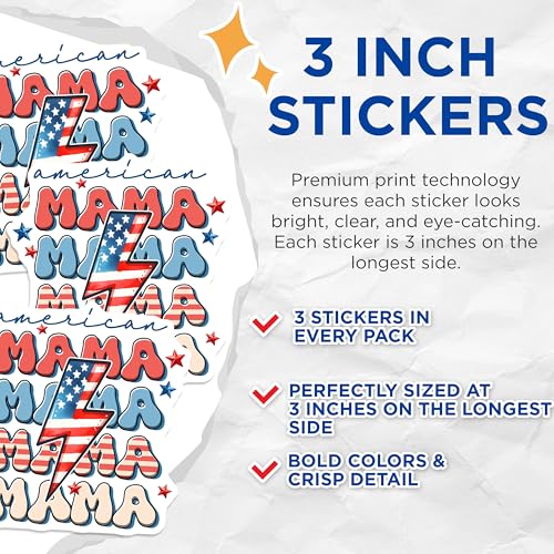(3 Pack) American Mama Decals - Patriotic Design - Mom Laptop Decal - 3 Inches On Longest Side - Easy Peel & Apply - Made in USA - 3MCS6200