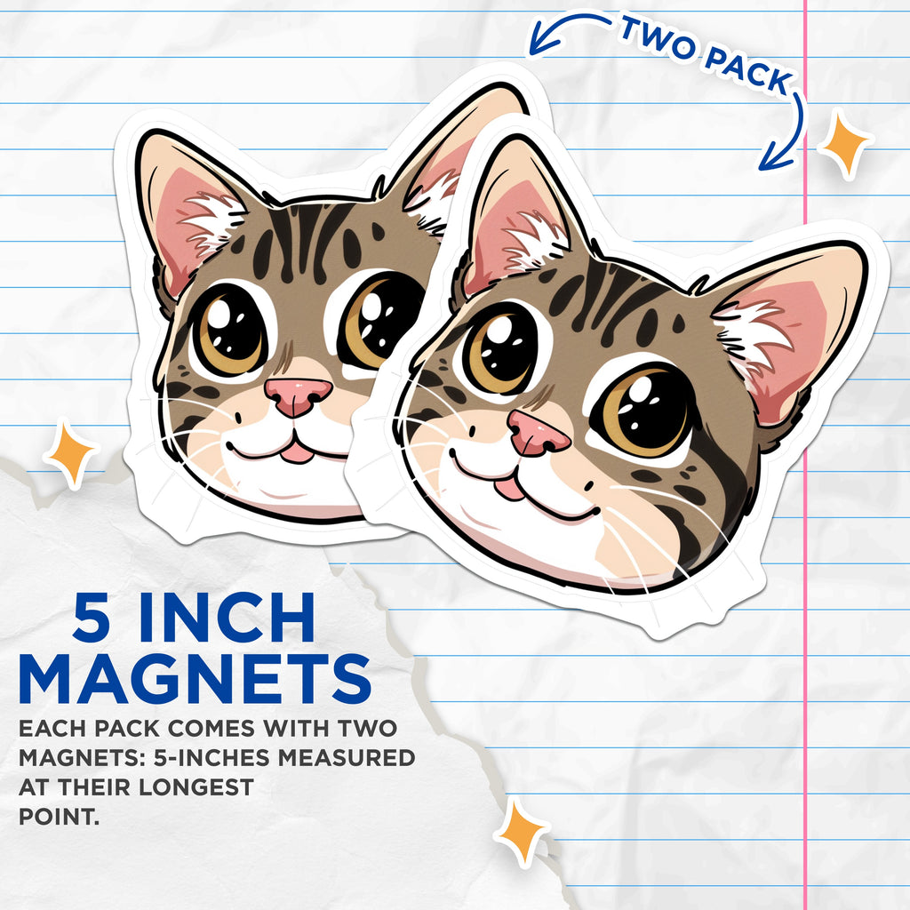 (2 Pack) Cute Cat Magnets - Tabby Kitty Decor - Kawaii Animal Refrigerator - Pet Lover Display - 5 Inches On Longest Side - Thick Durable Magnet - Made in USA - MAG36240