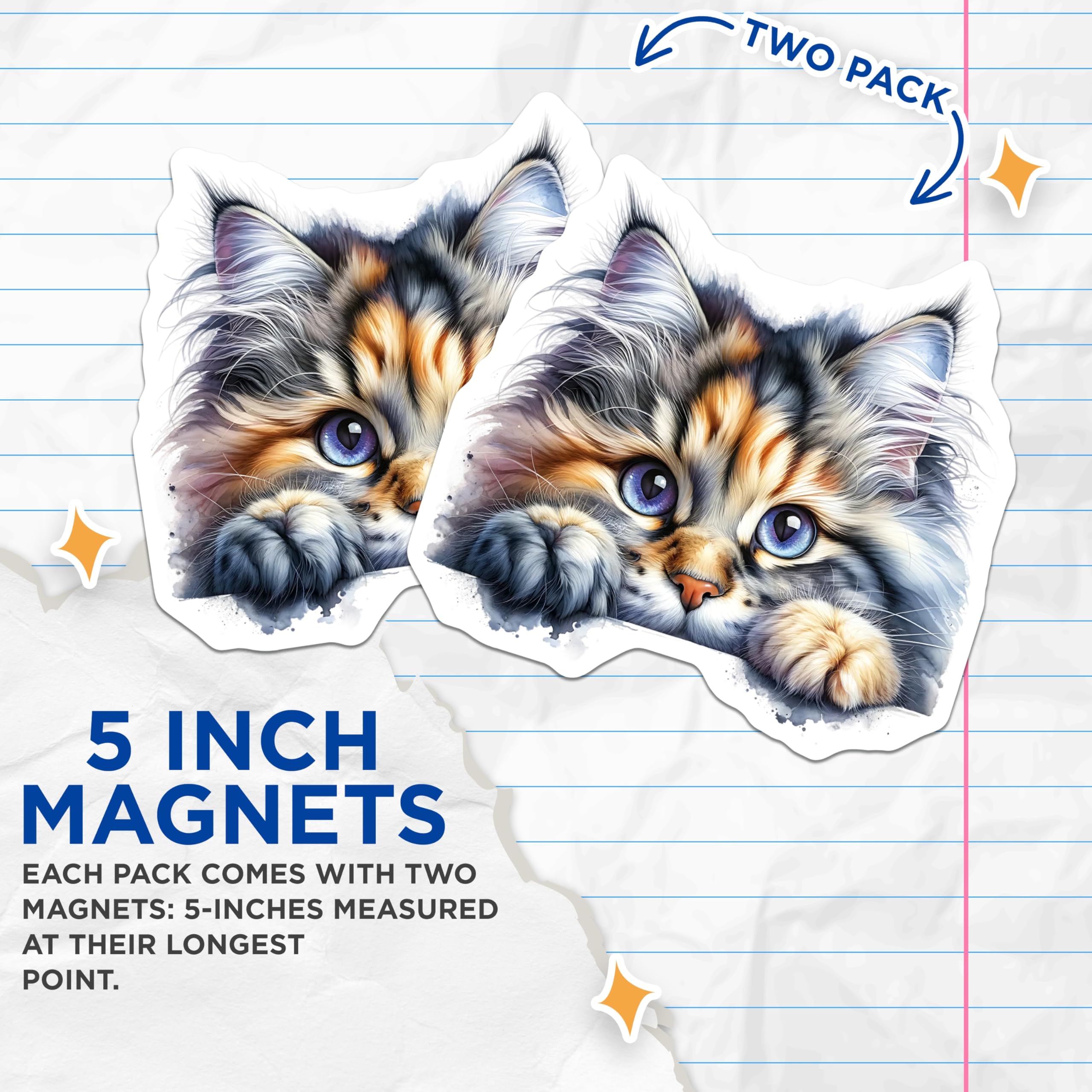 (2 Pack) Cute Calico Cat Magnets - Kitten Decor - Feline Refrigerator Decoration - 5" On Longest Side - Premium Magnet - for Cars, Refrigerators, Toolboxes, Lockers - Made in USA - MAG16076