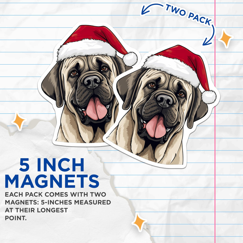 (2 Pack) Santa Mastiff Magnets - Christmas Dog Decor - Holiday Pet Lover Accessories - 5 Inches On Longest Side - Thick Durable Magnet - Made in USA - MAG27071