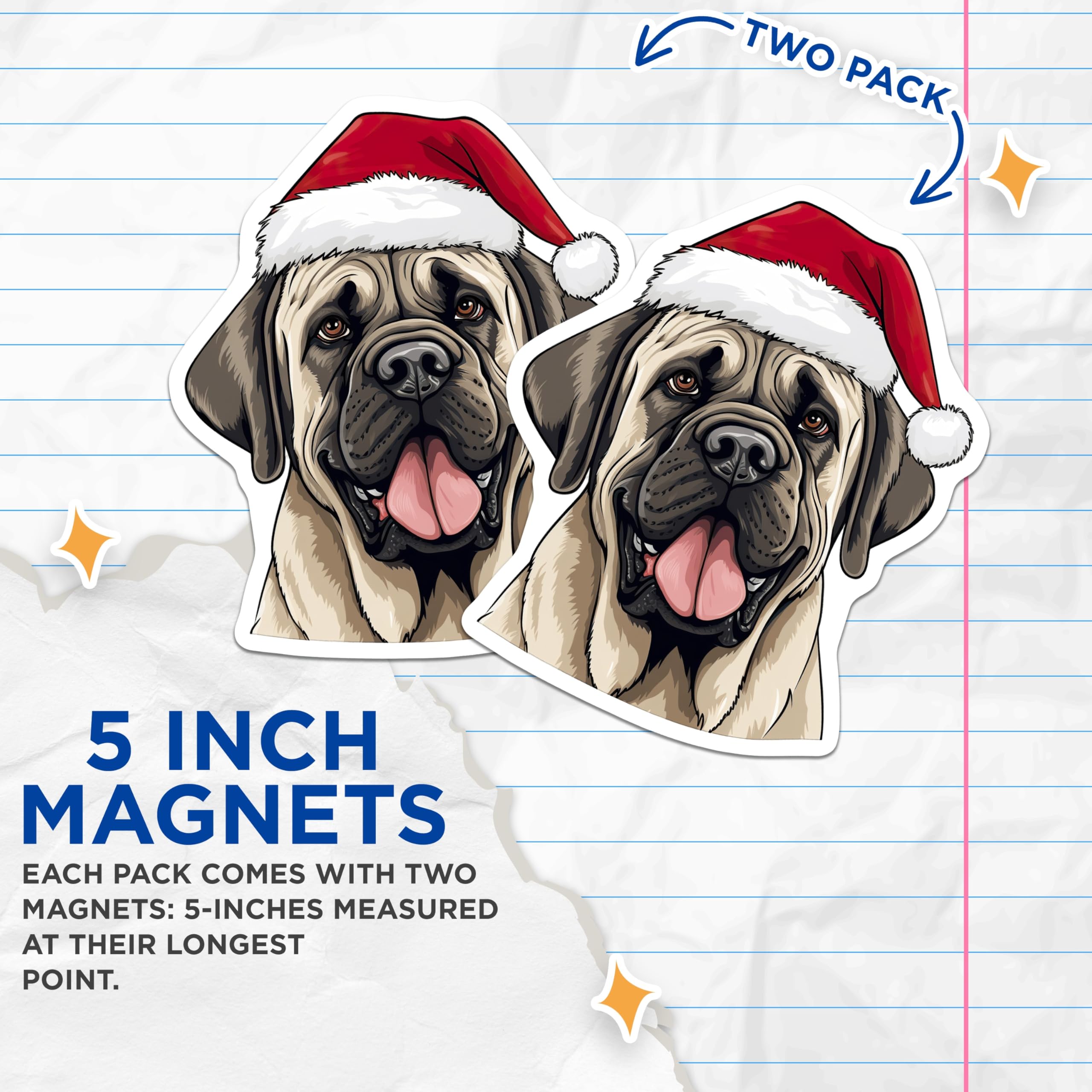 (2 Pack) Santa Mastiff Magnets - Christmas Dog Decor - Holiday Pet Lover Accessories - 5 Inches On Longest Side - Thick Durable Magnet - Made in USA - MAG27071