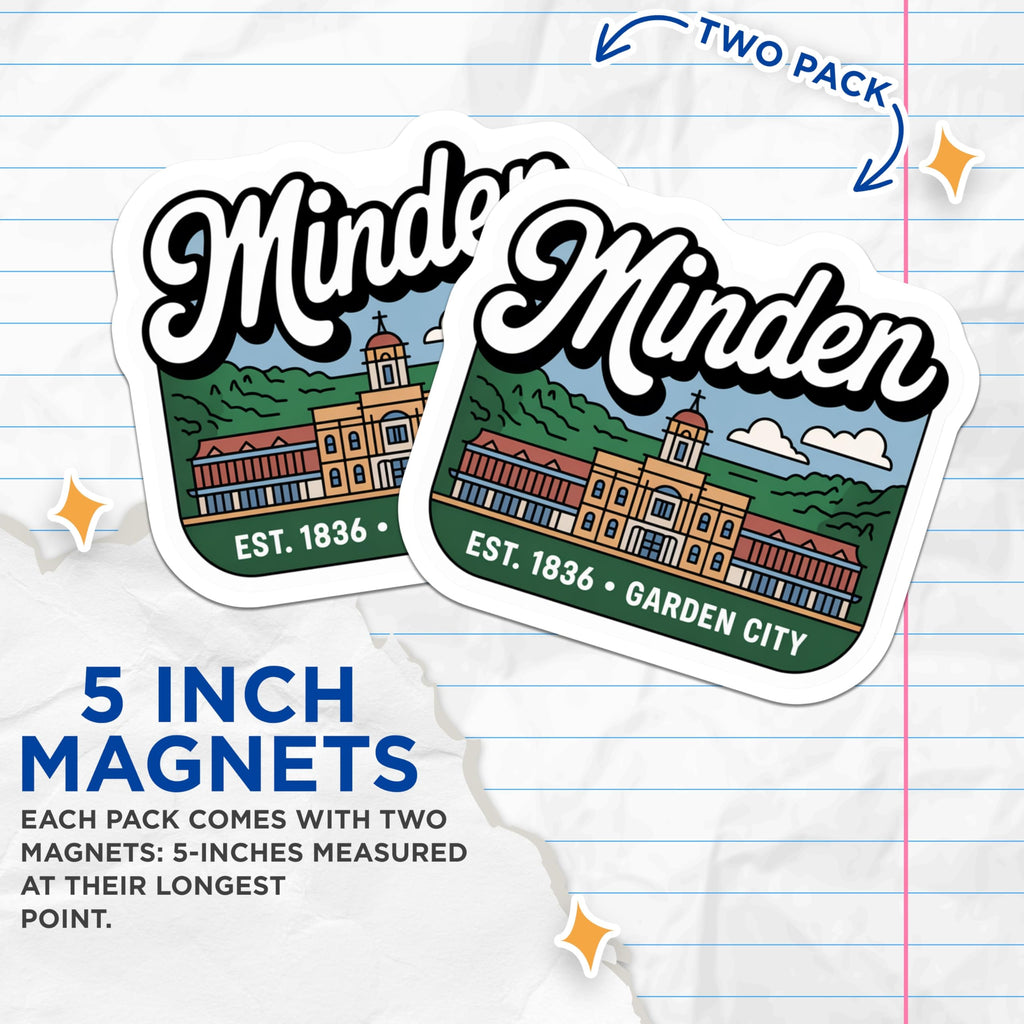 (2 Pack) Minden Louisiana Magnets - Cityscape Magnets - Souvenir Magnets - 5" On Longest Side - Premium Magnet - for Cars, Refrigerators, Toolboxes, Lockers - Made in USA - MAG17853