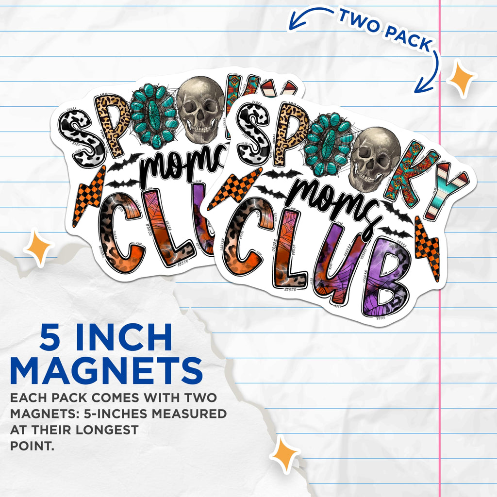 (2 Pack) Spooky Moms Club Magnets - Halloween Decor - Skull Leopard Print - Fall Season Vibes - 5 Inches On Longest Side - Thick Durable Magnet - Made in USA - MAG26643