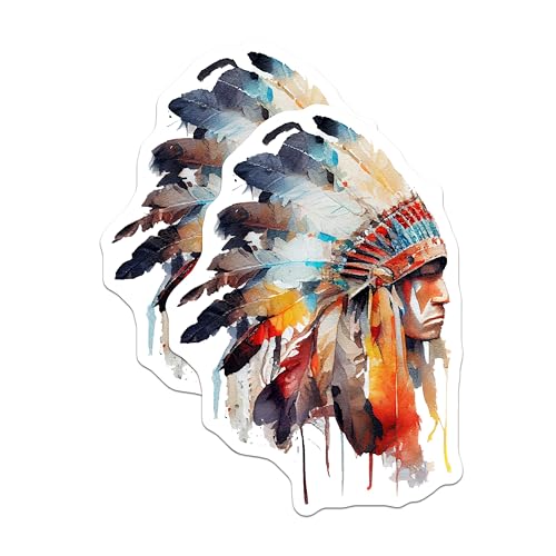 (2 Pack) Watercolor Native American Stickers - Feather Headdress Art - Tribal Culture Artwork - 5" On Longest Side - Sticks to Smooth Flat Surfaces - Made in USA - BMCS9017