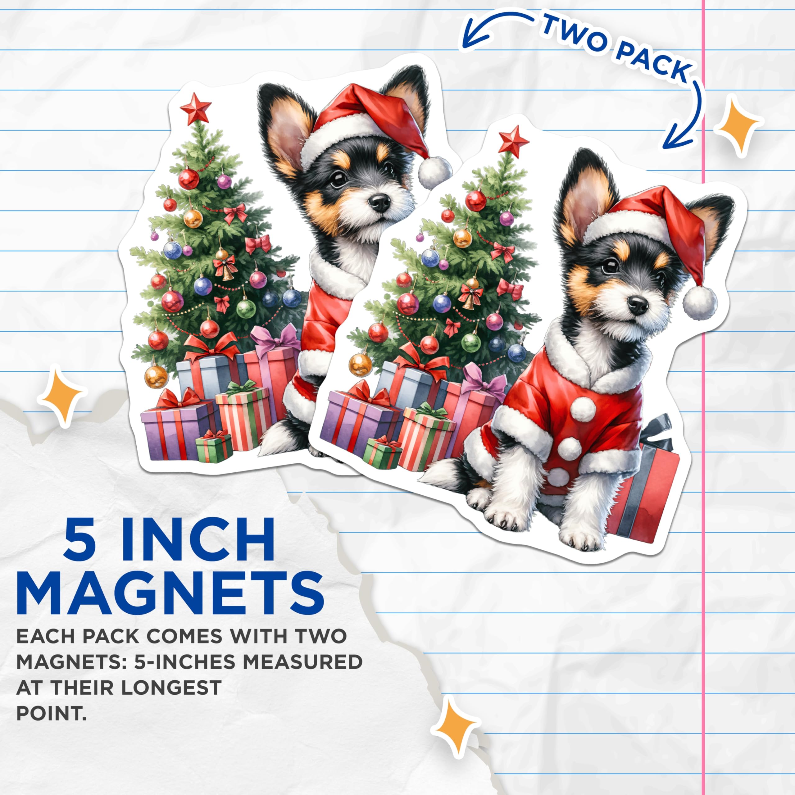 (2 Pack) Christmas Puppy Magnets - Santa Dog Decor - Holiday Fridge Magnets - 5 Inches On Longest Side - Thick Durable Magnet - Made in USA - MAG25663