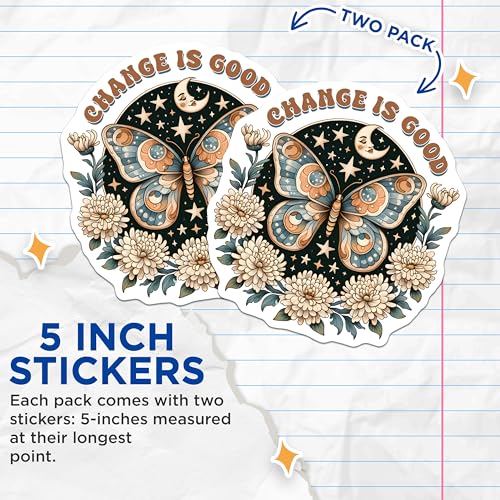 (2 Pack) Change is Good Stickers - Motivational Butterfly Stickers - Positive Change Stickers - 5" On Longest Side - Sticks to Smooth Flat Surfaces - Made in USA - BMCS9740