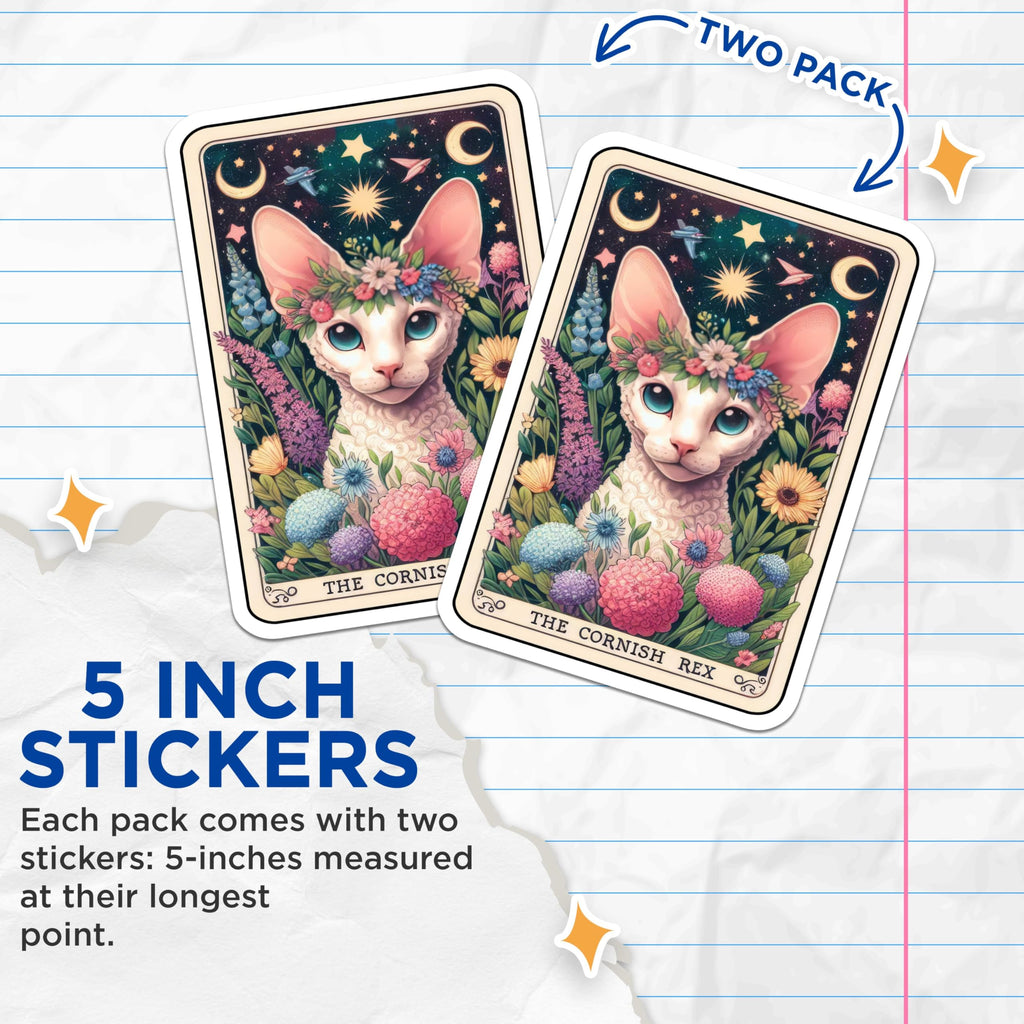 (2 Pack) Cornish Rex Cat Stickers - Whimsical Floral Cat Art Stickers - Unique Cat Lover Stickers - 5" On Longest Side - Sticks to Smooth Flat Surfaces - Made in USA - BMCS4816