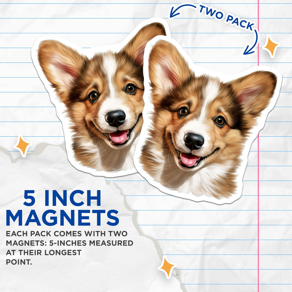 (2 Pack) Corgi Magnets - Happy Dog Fridge Decor - Pembroke Welsh Dog Lover Home Accent - 5 Inches On Longest Side - Thick Durable Magnet - Made in USA - MAG24531