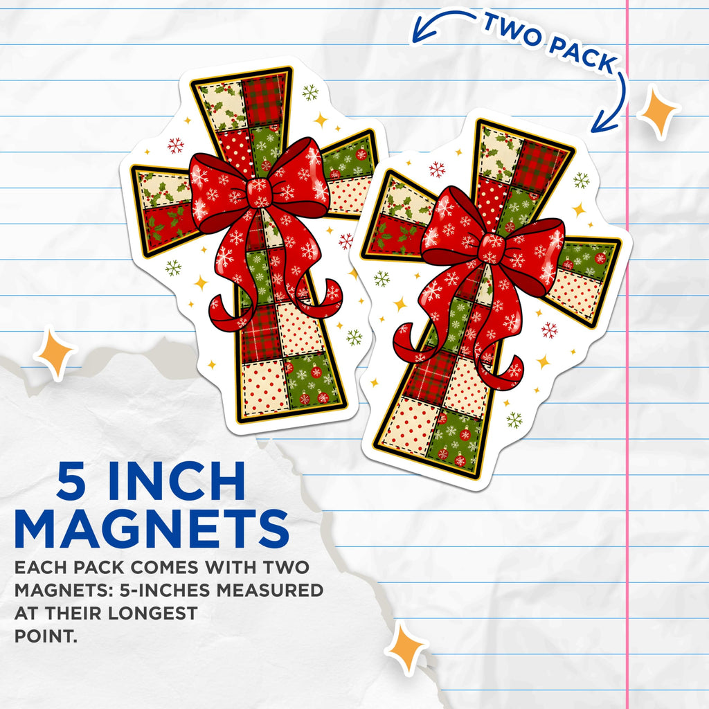 (2 Pack) Christmas Cross Magnets - Quilted Patchwork Decor - Holiday Refrigerator Decoration - Faith Accent - 5 Inches On Longest Side - Thick Durable Magnet - Made in USA - MAG28107