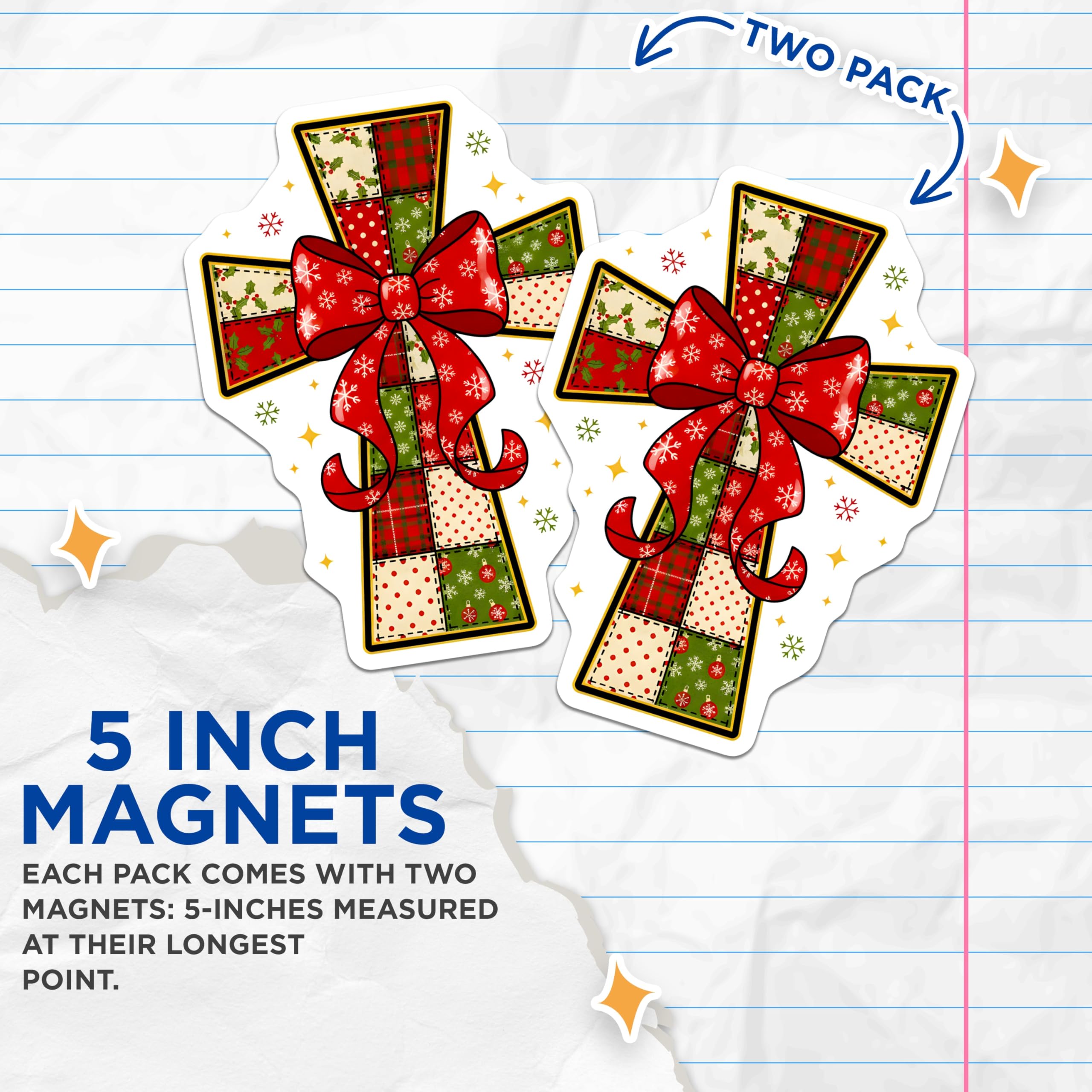 (2 Pack) Christmas Cross Magnets - Quilted Patchwork Decor - Holiday Refrigerator Decoration - Faith Accent - 5 Inches On Longest Side - Thick Durable Magnet - Made in USA - MAG28107