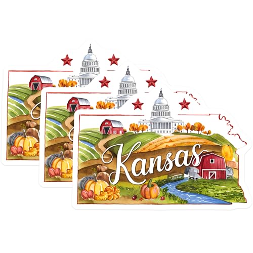 (3 Pack) Kansas Decals - State Pride Stickers - Farmhouse Decor Decals- 3 Inches On Longest Side - Easy Peel & Apply - Made in USA - 3MCS5037
