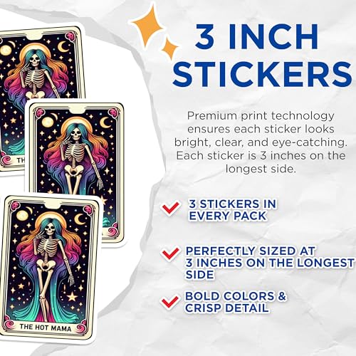 (3 Pack) Hot Mama Tarot Card Decals - Skeleton Woman - Colorful Hair Laptop Decals - 3 Inches On Longest Side - Easy Peel & Apply - Made in USA - 3MCS4204