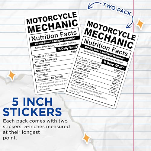 (2 Pack) Motorcycle Mechanic Stickers - Nutrition Facts Sticker - Funny Mechanic Car Decals - 5" On Longest Side - Sticks to Smooth Flat Surfaces - Made in USA - BMCS4141