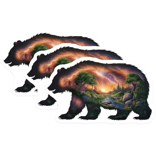 (3 Pack) Bear Landscape Decals - Galaxy Nature Scene - Wildlife Animal Art- 3 Inches On Longest Side - Easy Peel & Apply - Made in USA - 3MCS5979
