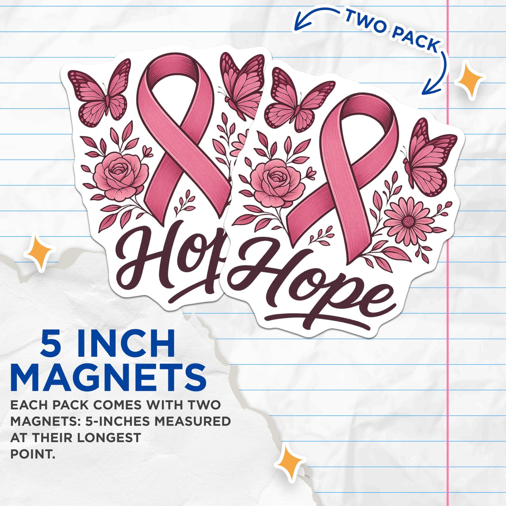 (2 Pack) Hope Ribbon Magnets - Breast Cancer Awareness - Butterfly Rose Support Magnets - 5" On Longest Side - Premium Magnet - for Cars, Refrigerators, Toolboxes, Lockers - Made in USA - MAG16806