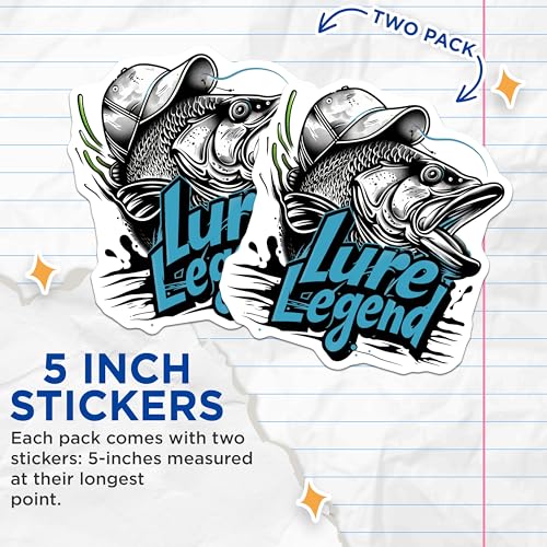 (2 Pack) Lure Legend Fishing Stickers - Fish Art Stickers - Outdoor Adventure Stickers - 5" On Longest Side - Sticks to Any Smooth Flat Surface - Made in USA - BMCS3526