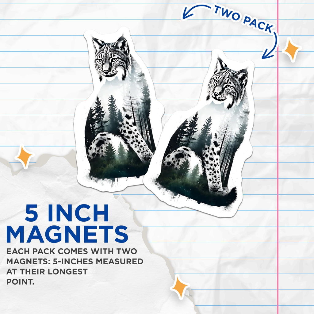 (2 Pack) Lynx Cat Magnets - Forest Scene - Wildlife Art - Refrigerator Magnet - 5" On Longest Side - Premium Magnet - for Cars, Refrigerators, Toolboxes, Lockers - Made in USA - MAG15882