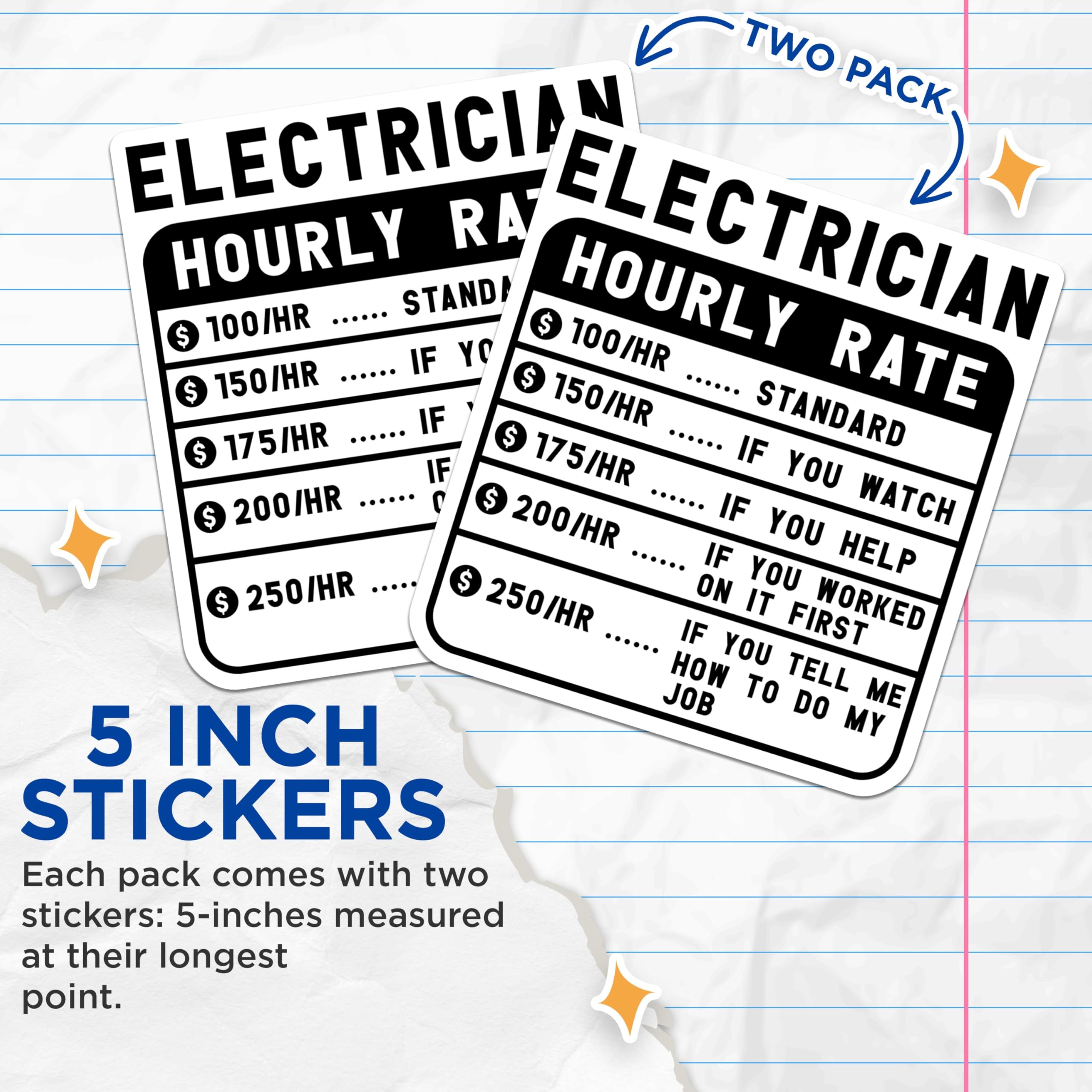 (2 Pack) Electrician Hourly Rate Stickers - Funny Electrician Quote - Work Rate Humor - Tradesman - 5" On Longest Side - Sticks to Smooth Flat Surfaces - Made in USA - BMCS4955