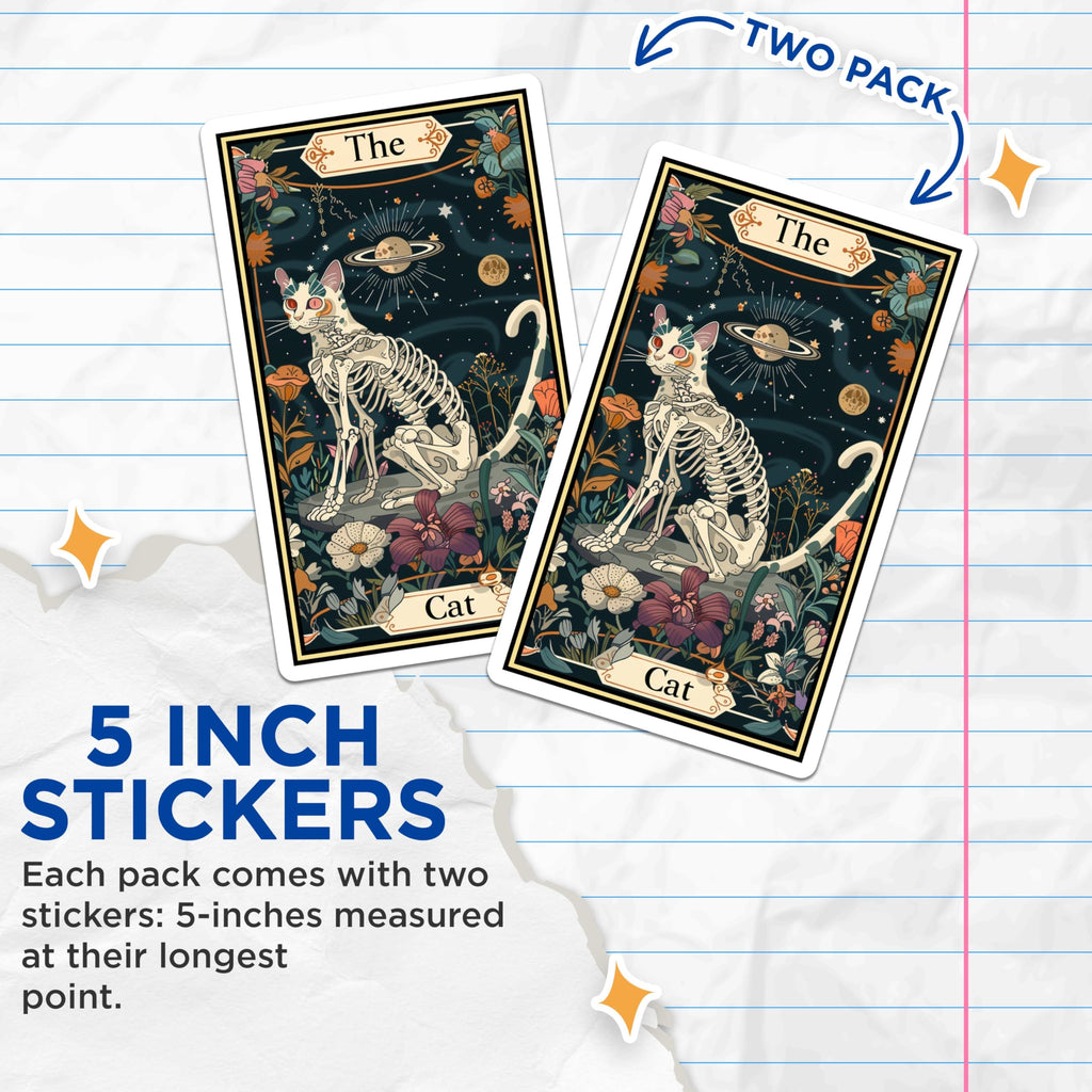 (2 Pack) The Cat Tarot Stickers - Skeleton Cat Art Stickers - Mystical Cat Decal for Journal or Laptop - 5" On Longest Side - Sticks to Smooth Flat Surfaces - Made in USA - BMCS3700