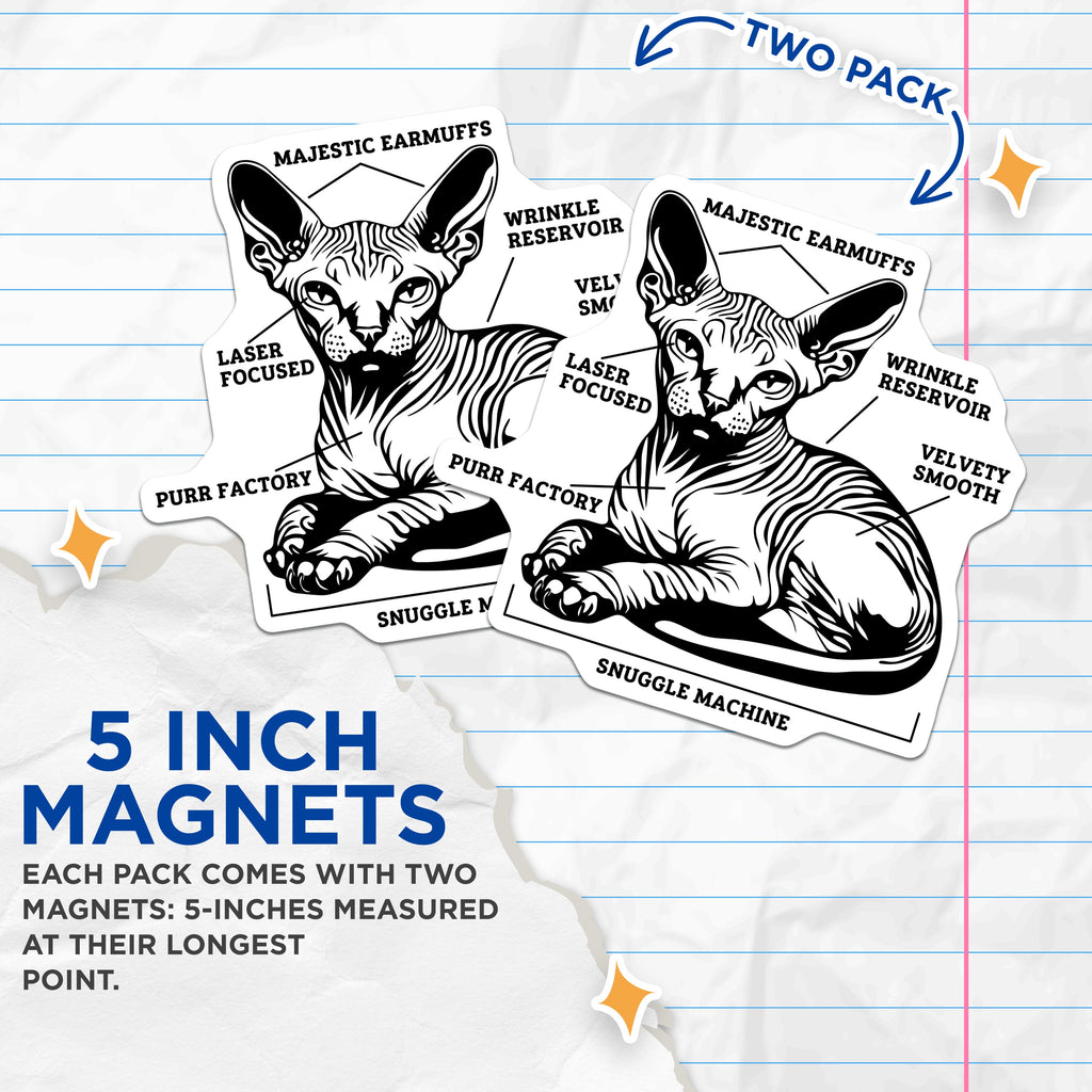 (2 Pack) Sphynx Cat Magnets - Funny Naked Cat Humor - Pet Parent Fridge Decor - Unique Animal Lover Item - 5 Inches On Longest Side - Thick Durable Magnet - Made in USA - MAG37346