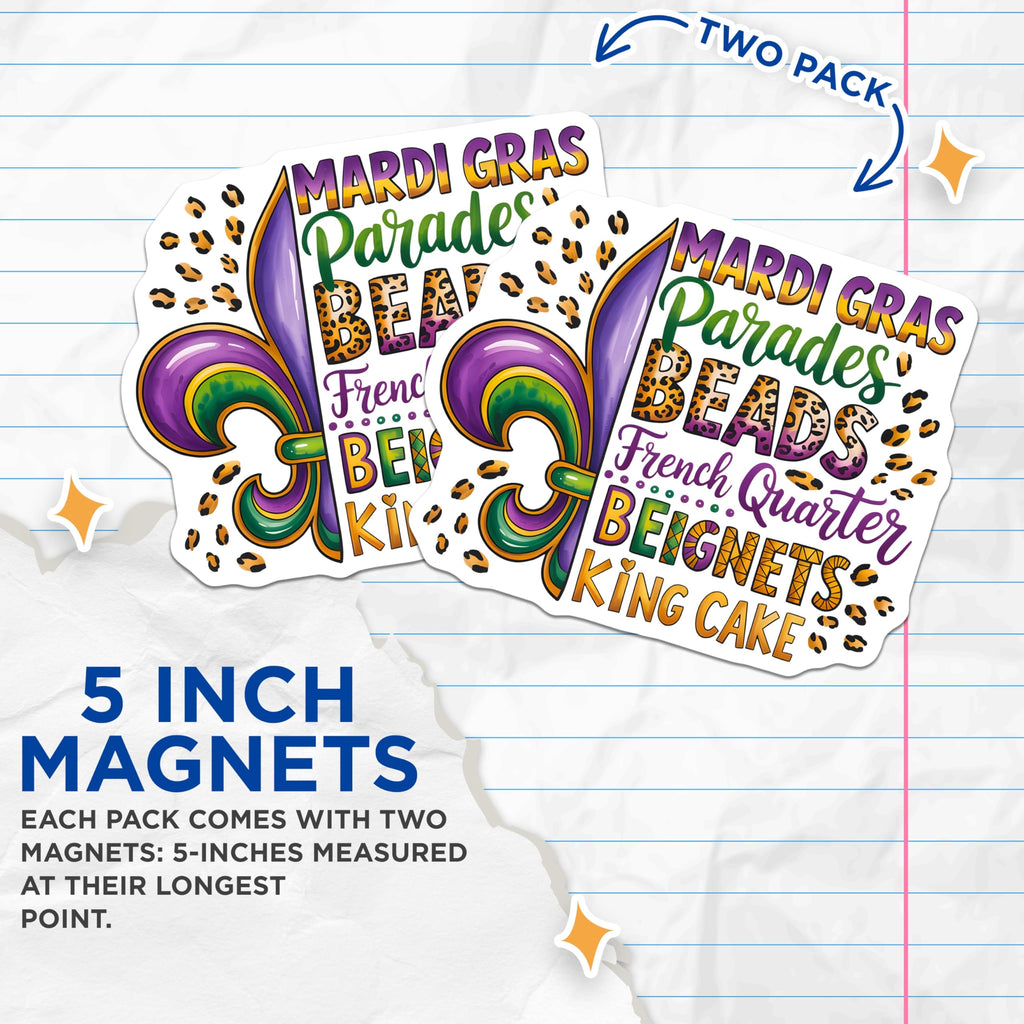 (2 Pack) Mardi Gras Magnets - New Orleans Fleur de Lis - NOLA Celebration Souvenir - Carnival Party Decor - 5 Inches On Longest Side - Thick Durable Magnet - Made in USA - MAG28869