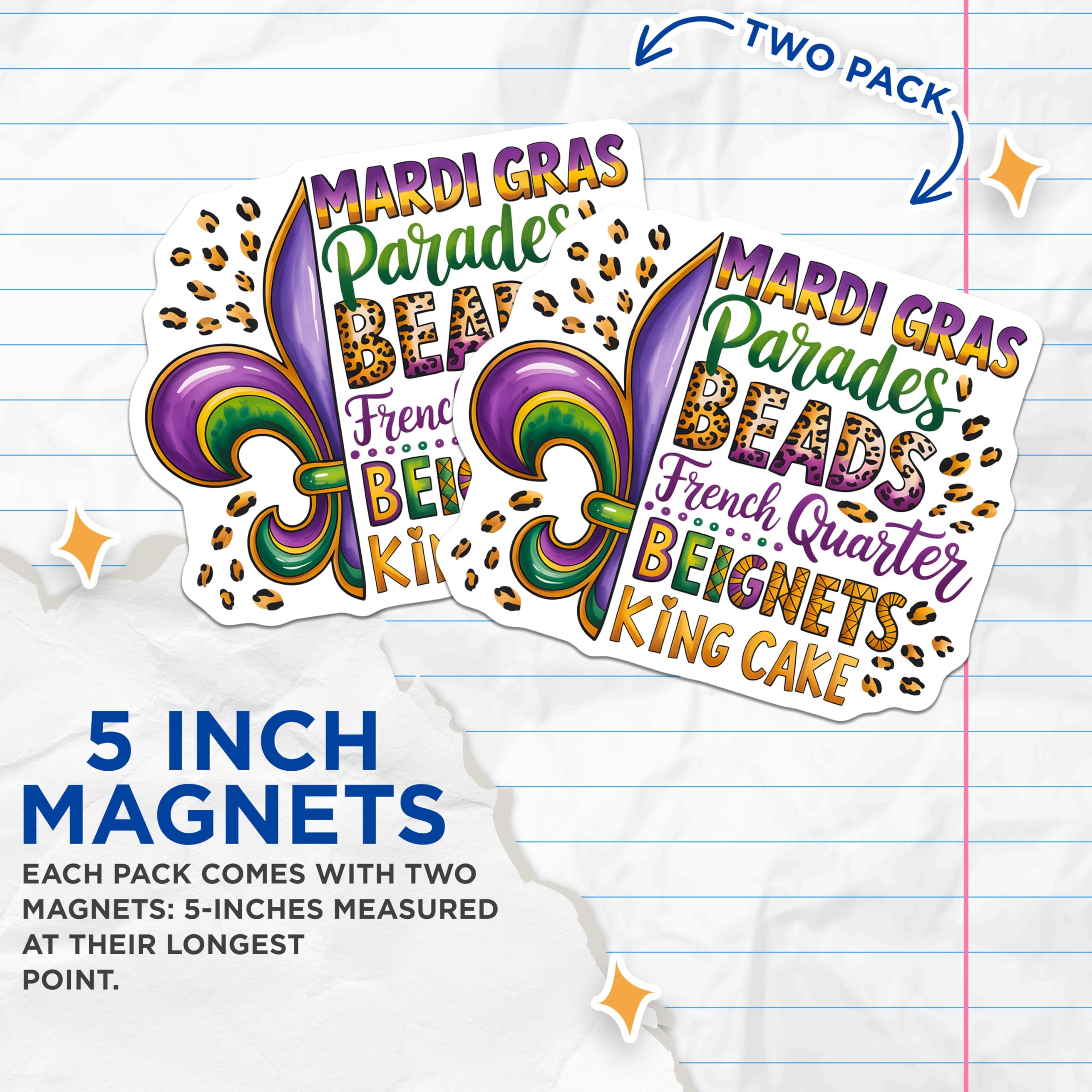 (2 Pack) Mardi Gras Magnets - New Orleans Fleur de Lis - NOLA Celebration Souvenir - Carnival Party Decor - 5 Inches On Longest Side - Thick Durable Magnet - Made in USA - MAG28869