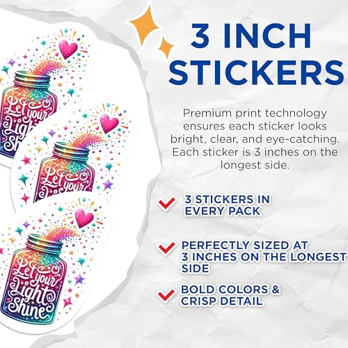 (3 Pack) Let Your Light Shine Decals - Inspirational Quote - Colorful Jar Stickers - 3 Inches On Longest Side - Easy Peel & Apply - Made in USA - 3MCS1176