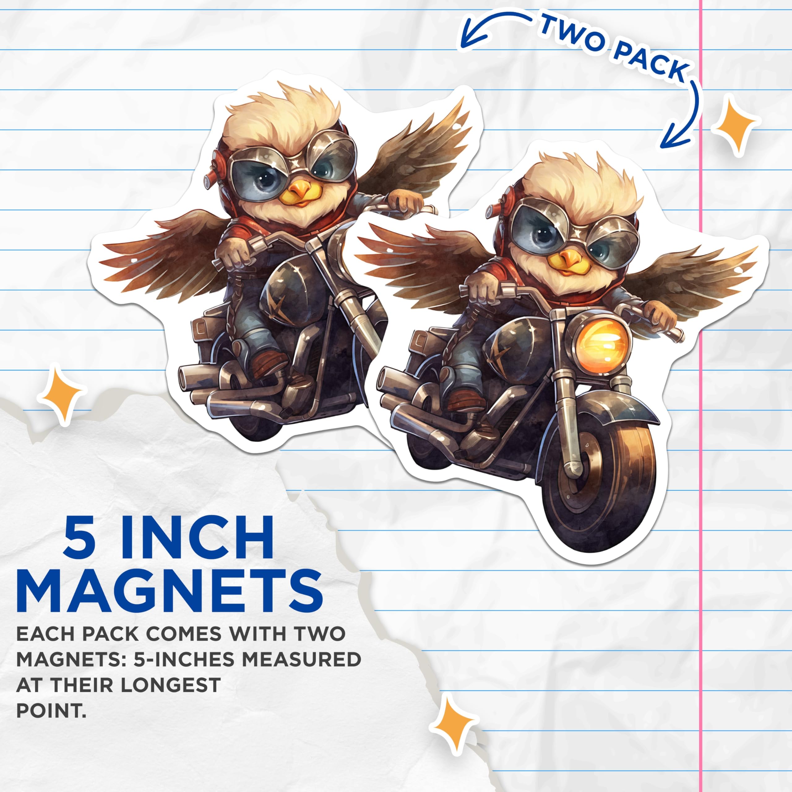 (2 Pack) Owl Biker Magnets - Motorcycle Art - Cute Animal Decor - 5" On Longest Side - Premium Magnet - for Cars, Refrigerators, Toolboxes, Lockers - Made in USA - MAG17031