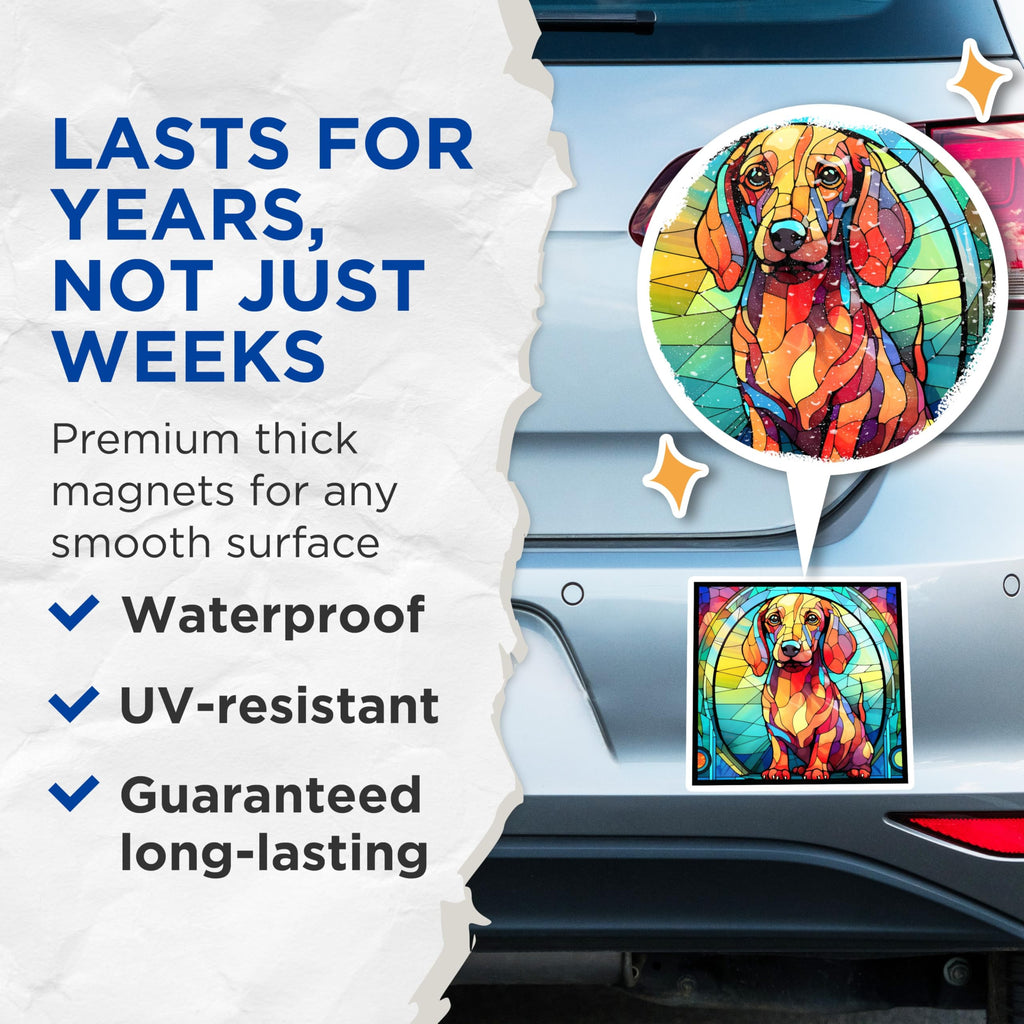 (2 Pack) Dachshund Magnets - Stained Glass Dog Magnet - Sausage Dog Fridge Decor - 5" On Longest Side - Premium Magnet - for Cars, Refrigerators, Toolboxes, Lockers - Made in USA - MAG14180