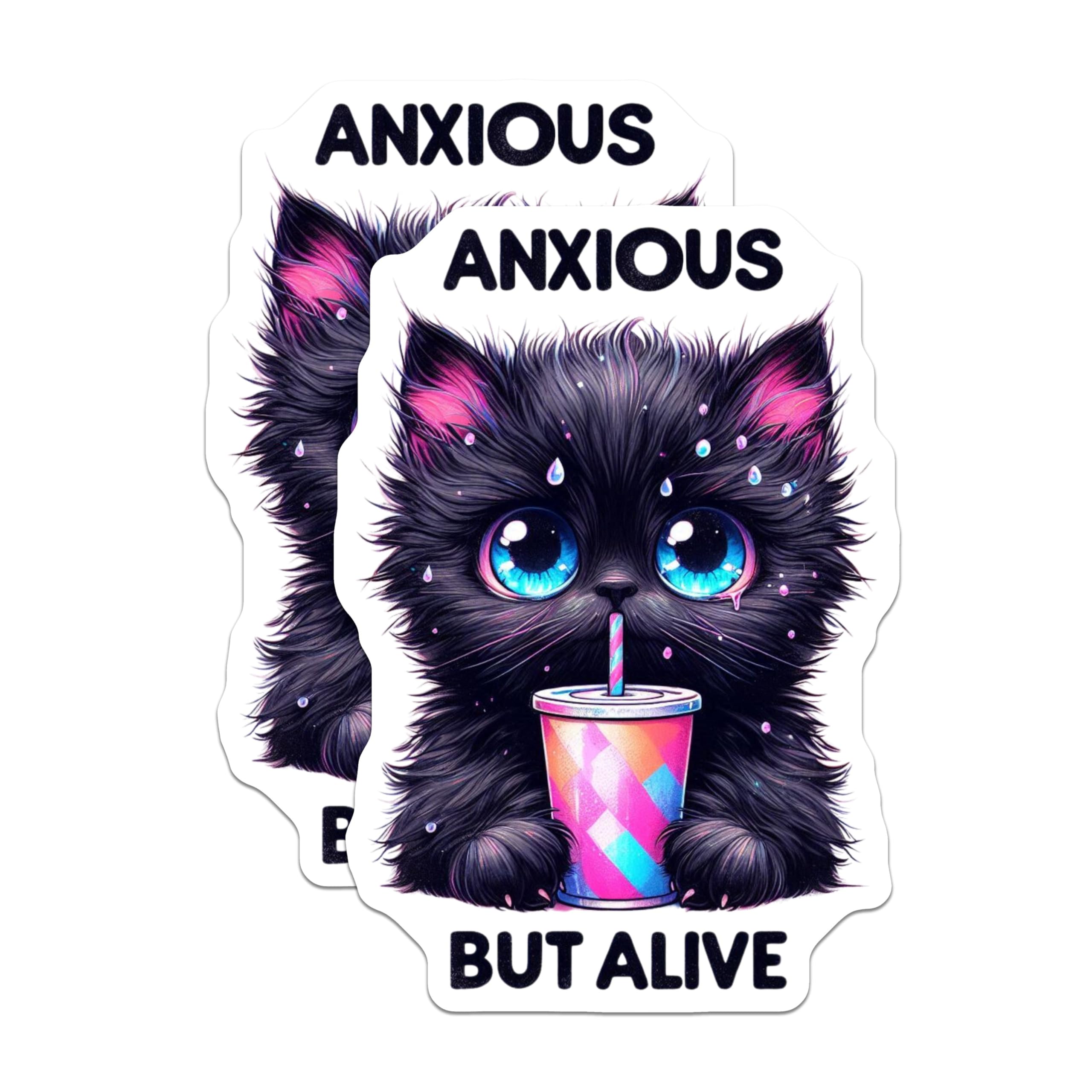 (2 Pack) Anxious But Alive Cat Magnets - Cute Black Cat - Inspirational Funny Magnet - Cat Lover - 5" On Longest Side - for Cars, Fridges, Toolboxes - Made in USA - MAG4592