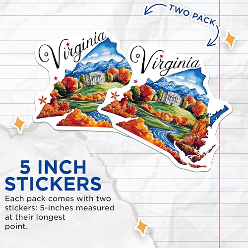 (2 Pack) Virginia State Stickers - Travel Souvenir - Scenic Landscape Artwork - 5" On Longest Side - Sticks to Smooth Flat Surfaces - Made in USA - BMCS6313