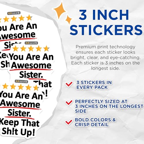 (3 Pack) Awesome Sister Decals - Funny Sister Saying - Encouragement Stickers - 3 Inches On Longest Side - Easy Peel & Apply - Made in USA - 3MCS8112
