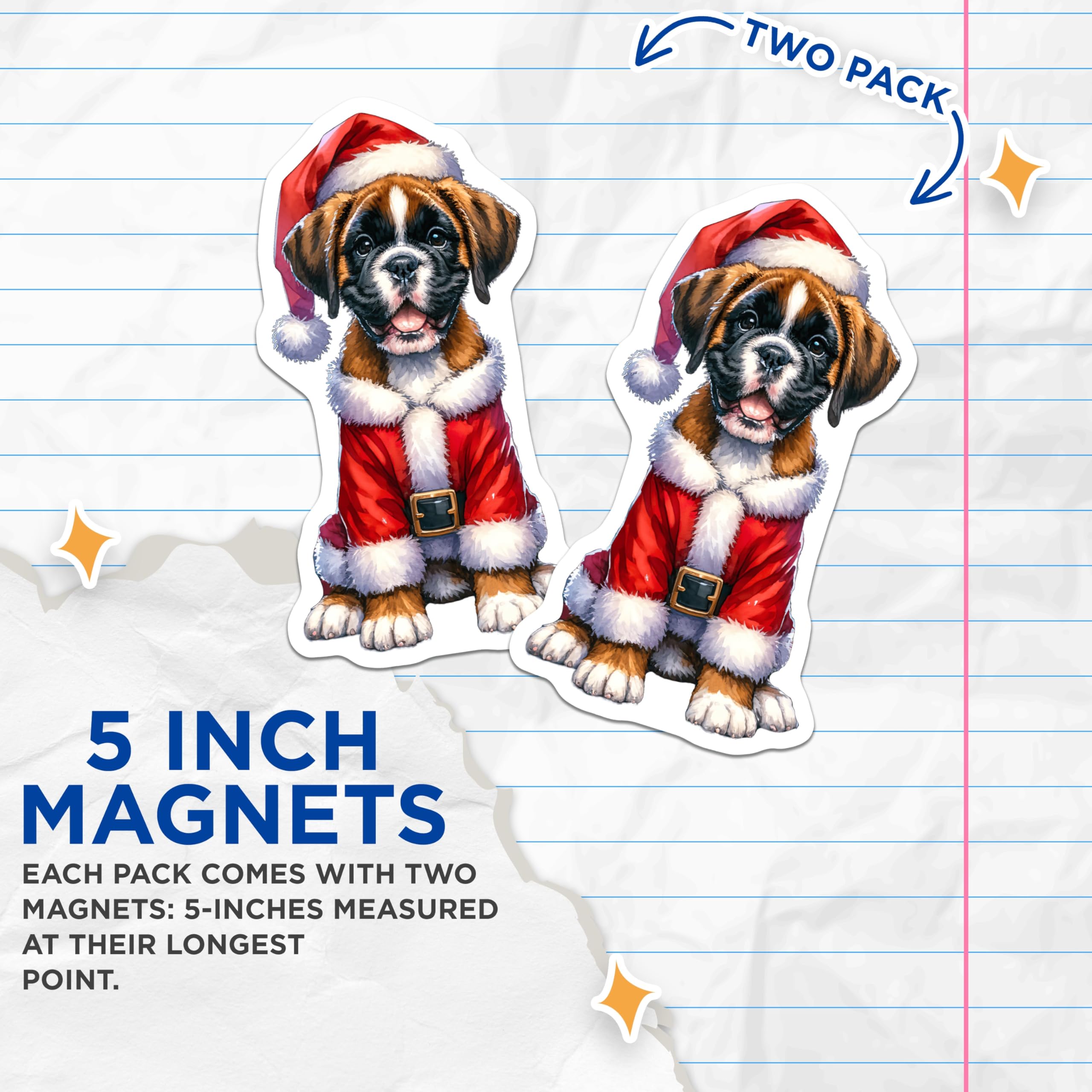 (2 Pack) Boxer Puppy Santa Magnets - Christmas Dog Decor - Holiday Refrigerator Accent - 5 Inches On Longest Side - Thick Durable Magnet - Made in USA - MAG25933