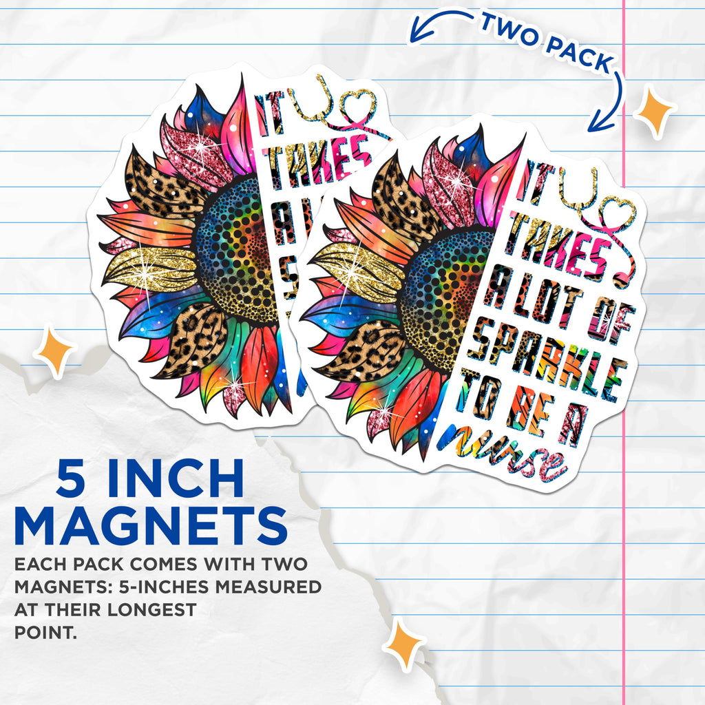 (2 Pack) Nurse Magnets - Sunflower Nurse - Sparkle Nurse Refrigerator Decorations - 5" On Longest Side - Premium Magnet - for Cars, Refrigerators, Toolboxes, Lockers - Made in USA - MAG18512