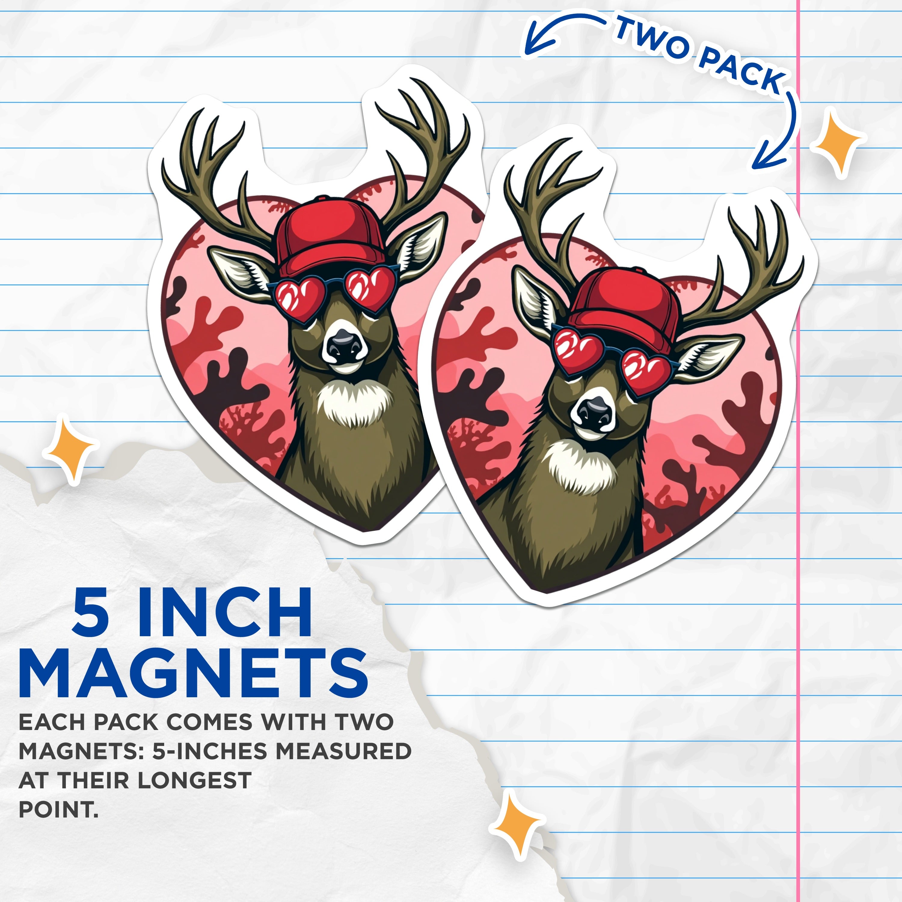 (2 Pack) Cool Deer Magnets - Heart Sunglasses Buck - Funny Animal Fridge Decor - 5 Inches On Longest Side - Thick Durable Magnet - Made in USA - MAG37361