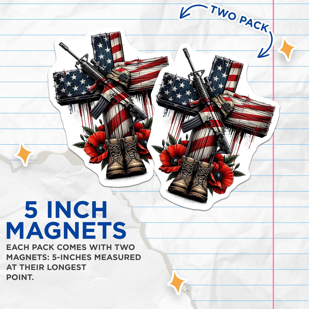 (2 Pack) American Flag Cross Magnets - Rifle Poppy Boots - Patriotic Decor Magnets - 5" On Longest Side - Premium Magnet - for Cars, Refrigerators, Toolboxes, Lockers - Made in USA - MAG15255