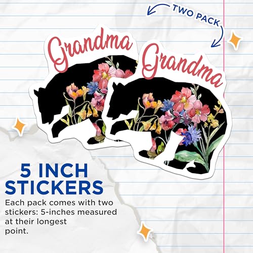 (2 Pack) Grandma Floral Bear Stickers - Unique Flower Bear Art - Nature Inspired Design Stickers - 5" On Longest Side - Sticks to Smooth Flat Surfaces - Made in USA - BMCS5783