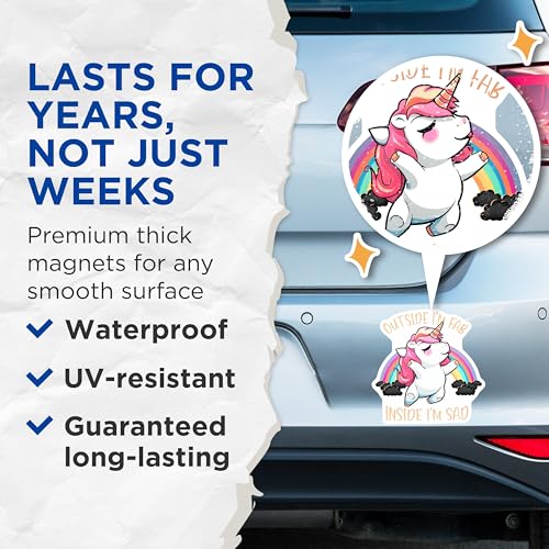 (2 Pack) Cute Unicorn Magnets - Funny Quotes - Rainbow Cartoon Decor for Kids - Inside I'm Sad - 5" On Longest Side - for Cars, Fridges, Toolboxes - Made in USA - MAG7803