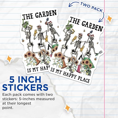 (2 Pack) Garden is My Happy Place Stickers - Funny Skeleton Stickers - Gardening Lover Stickers - 5" On Longest Side - Sticks to Smooth Flat Surfaces - Made in USA - BMCS4197