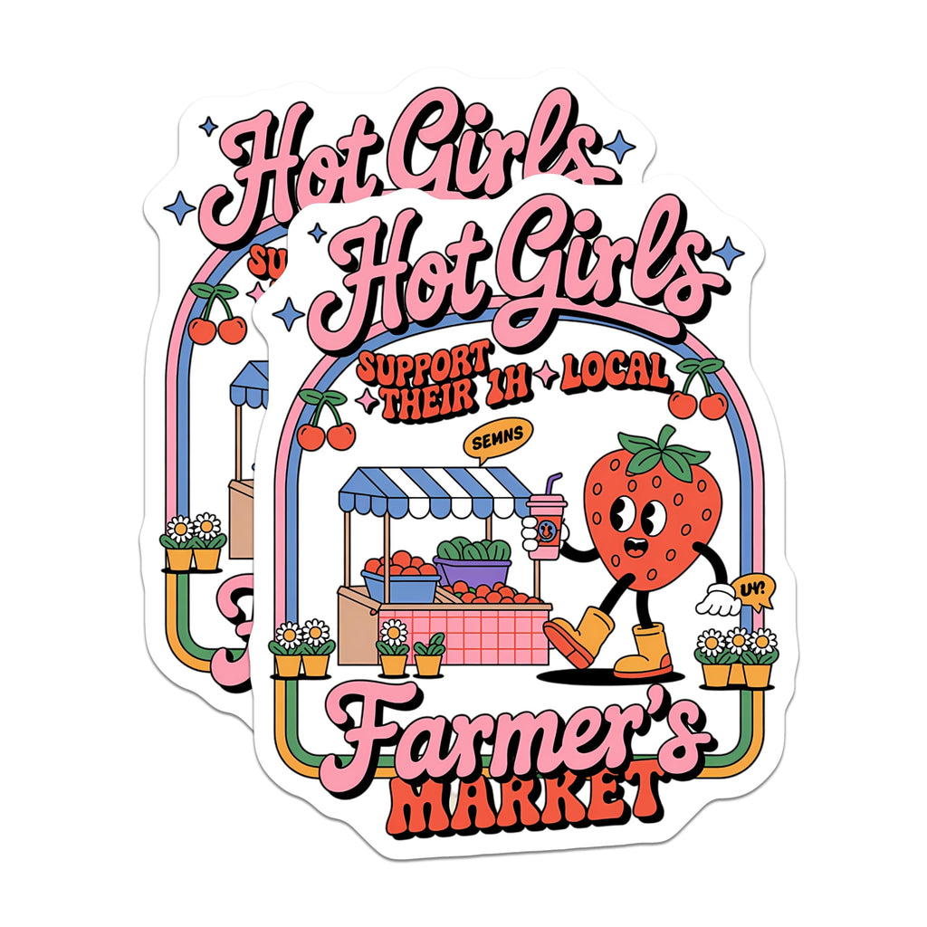 (2 Pack) Hot Girls Farmer's Market Magnets - Local Support Strawberry Design - Retro Groovy Aesthetic - 5 Inches On Longest Side - Thick Durable Magnet - Made in USA - MAG22296