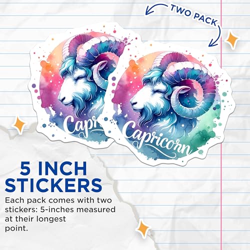 (2 Pack) Capricorn Zodiac Stickers - Astrology Art Stickers - Horoscope Goat Stickers - 5" On Longest Side - Sticks to Smooth Flat Surfaces - Made in USA - BMCS6927