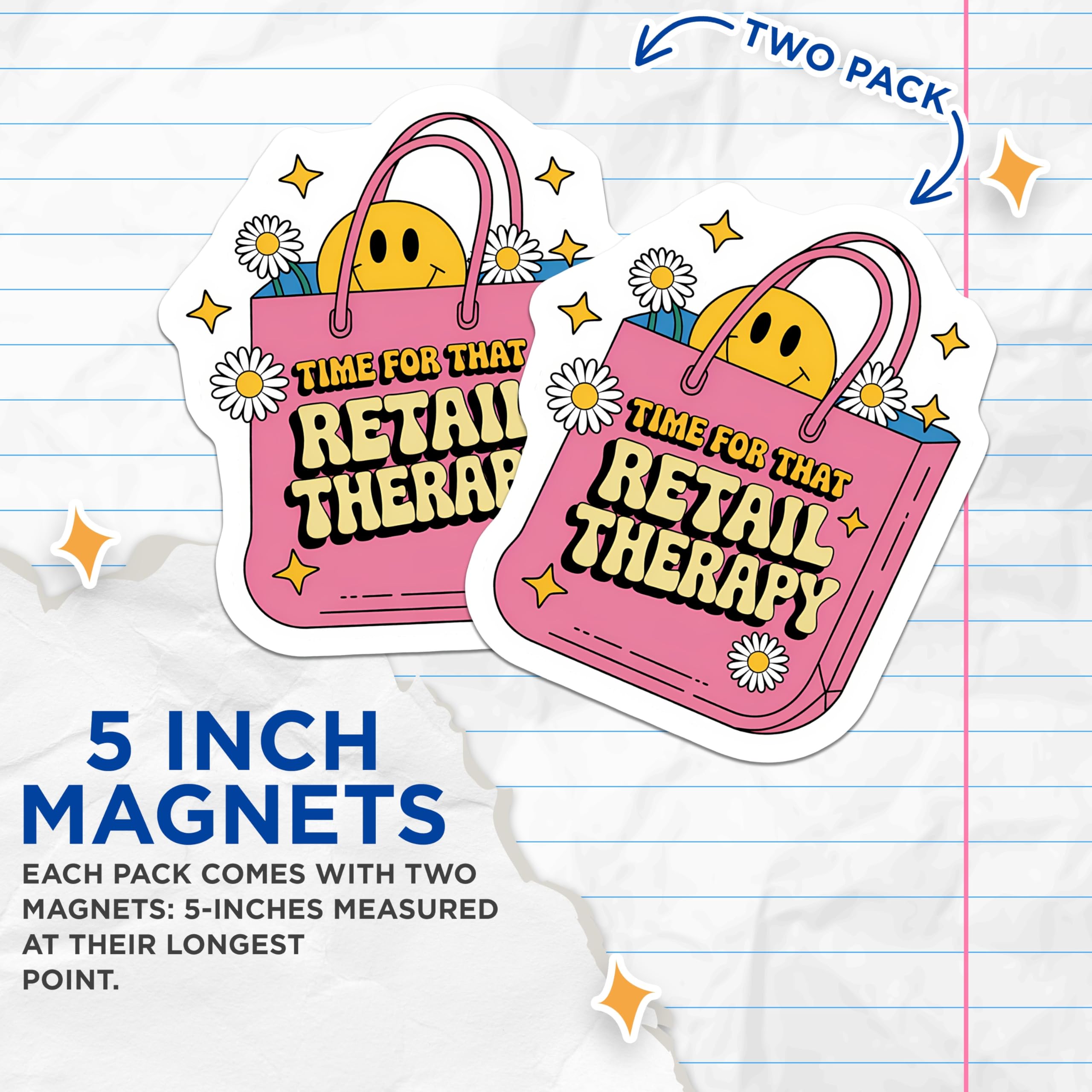 (2 Pack) Retail Therapy Magnets - Fun Shopping Bag Decor - Retro Smiley Face Daisy Kitchen Refrigerator Accessories - 5 Inches On Longest Side - Thick Durable Magnet - Made in USA - MAG22344